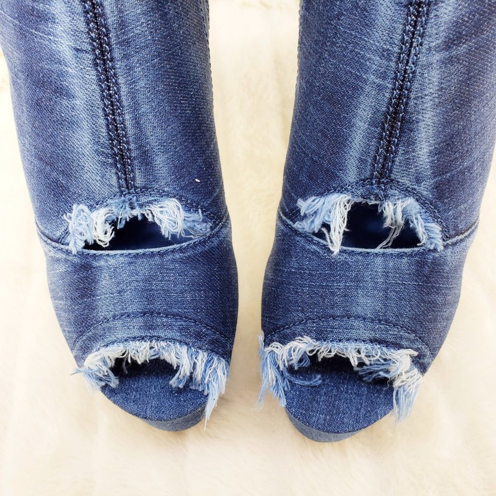 Stretch Denim Frayed Trim Ankle Boots 6" Heels_12